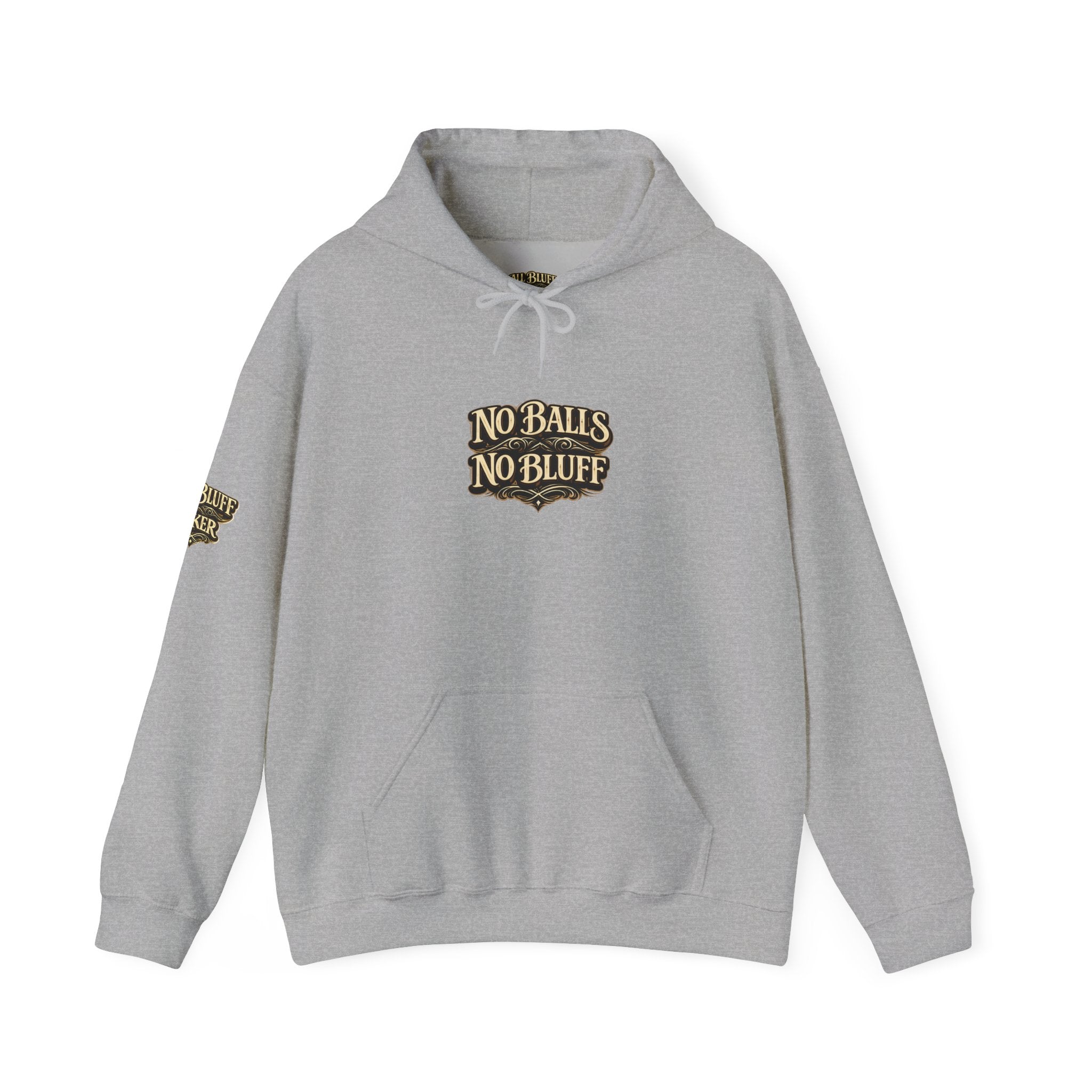 No Balls No Bluff Pullover Hoodie in Sport Grey – Front Flat Lay | All Bluff Poker