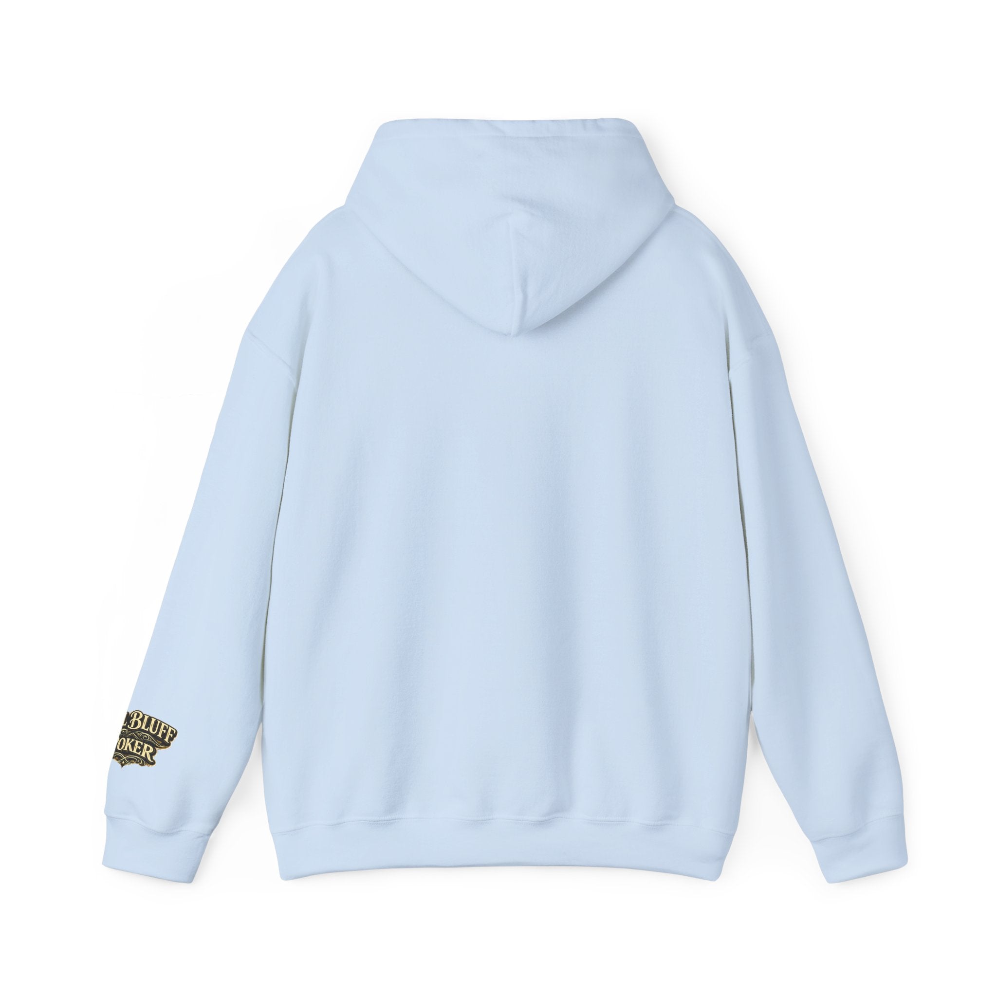 House of Bluff Pullover Hoodie in Light Blue – Back Flat Lay | All Bluff Poker