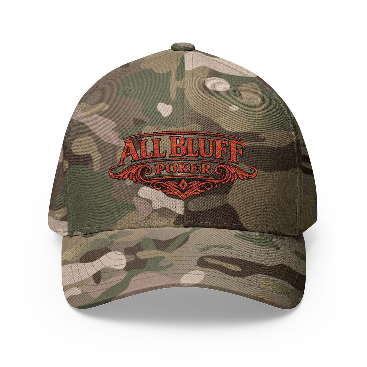 All Bluff Poker Fitted Cap in Multicam Green – Front View | All Bluff Poker