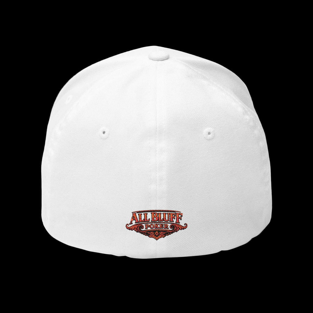 Professional Bluffer Fitted Cap in White – Back View | All Bluff Poker