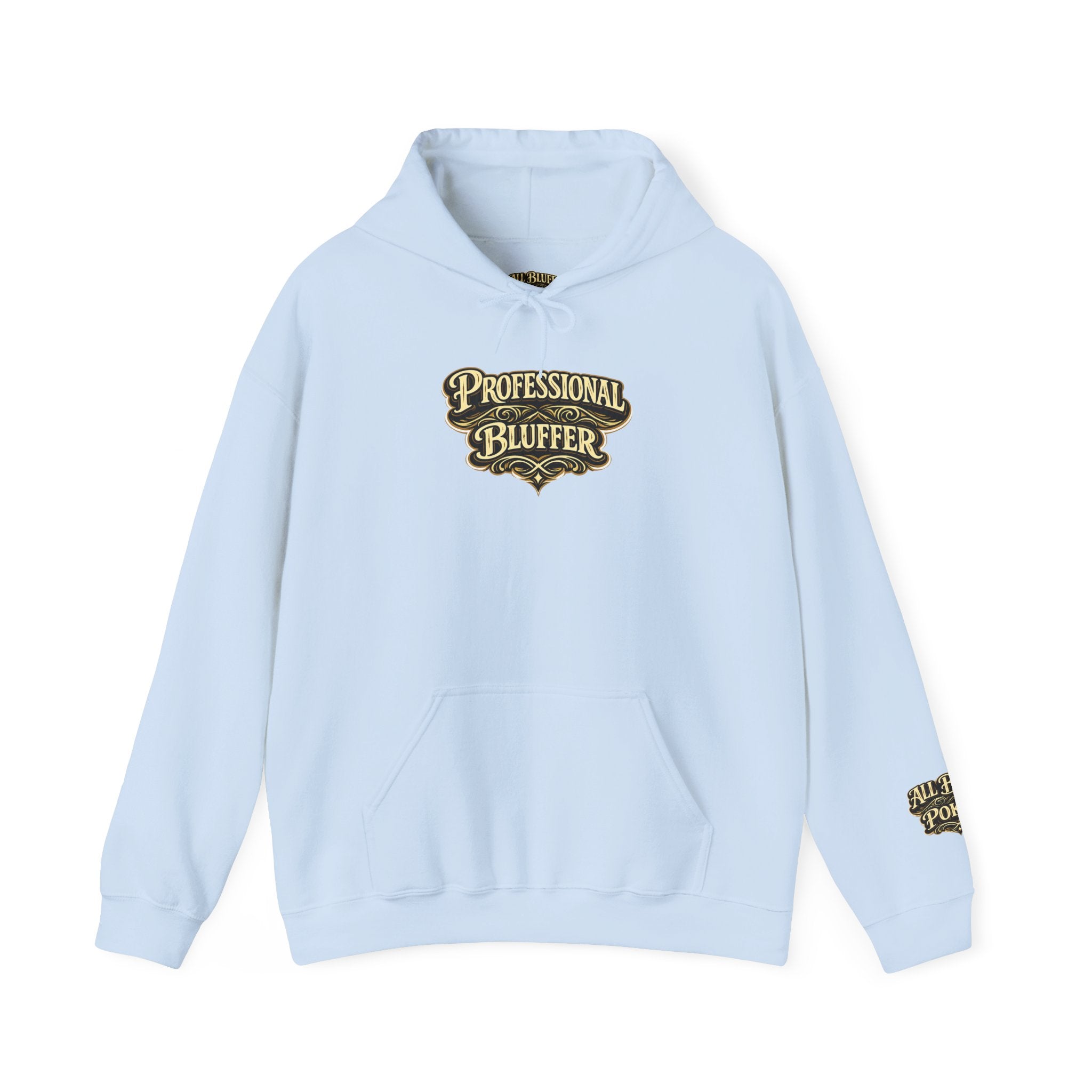 Professional Bluffer Pullover Hoodie in Light Blue – Front Flat Lay | All Bluff Poker