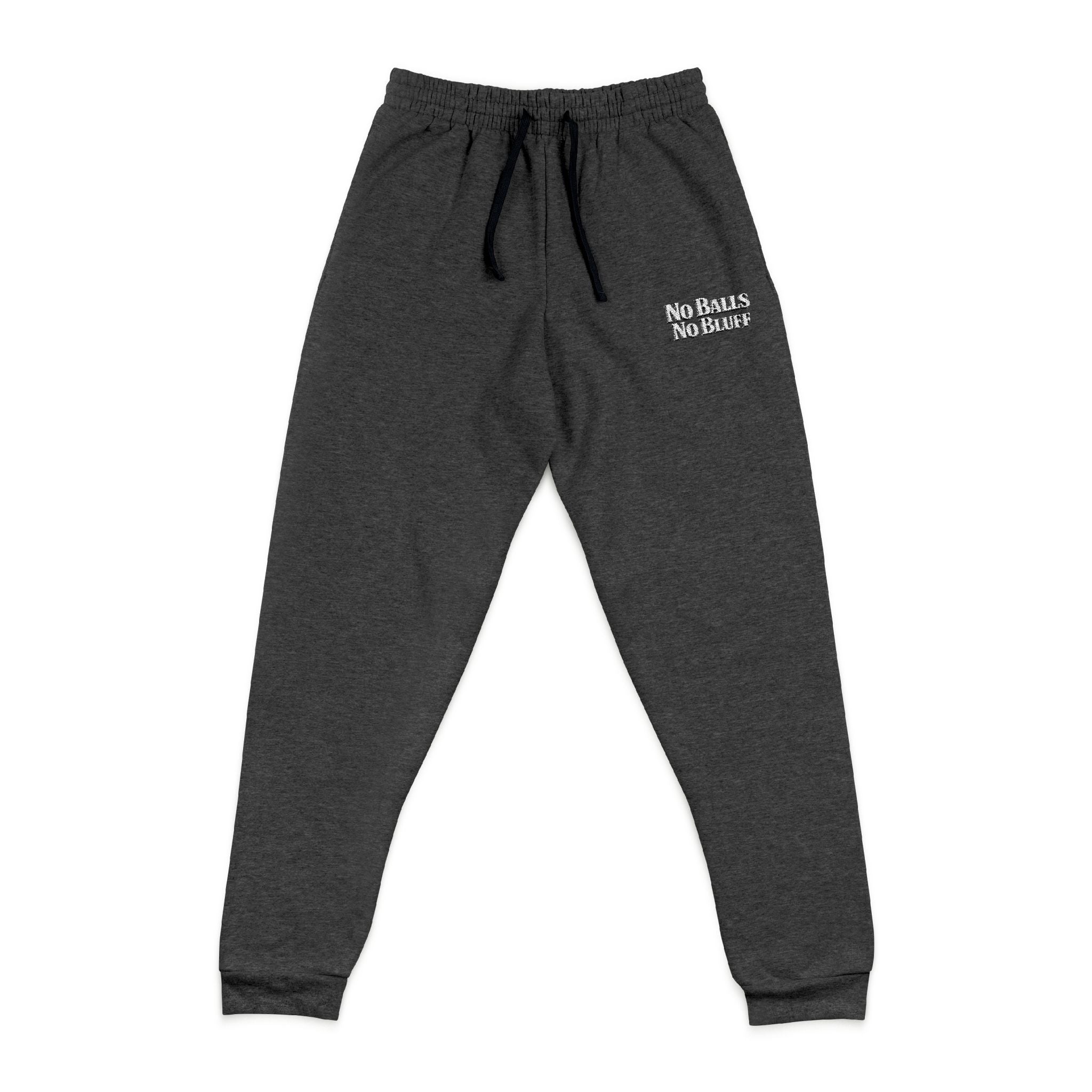 No Balls No Bluff Relaxed Sweatpants in Black Heather – Front Flat Lay with Left Leg Embroidery | All Bluff Poker