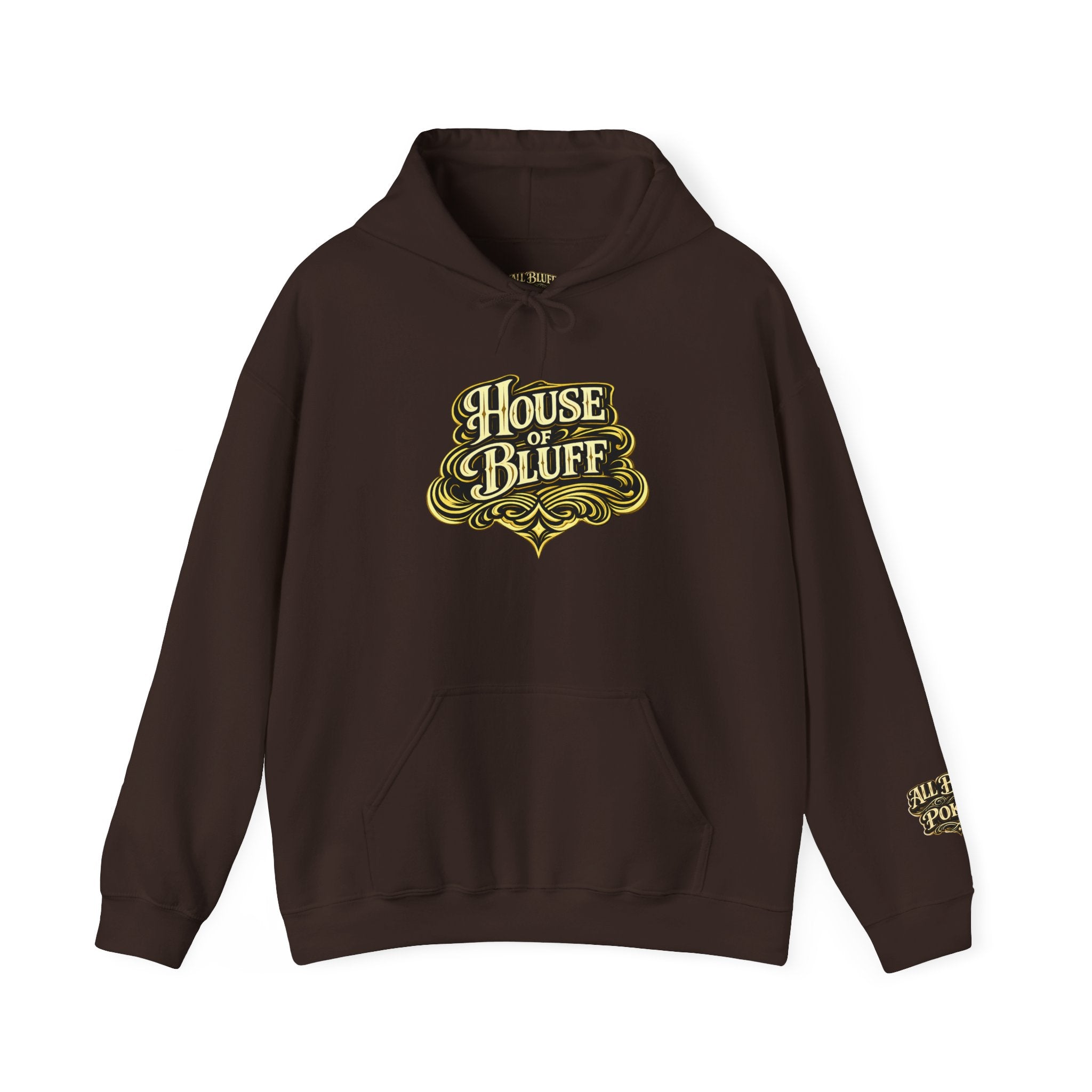 House of Bluff Pullover Hoodie in Dark Chocolate – Front Flat Lay | All Bluff Poker
