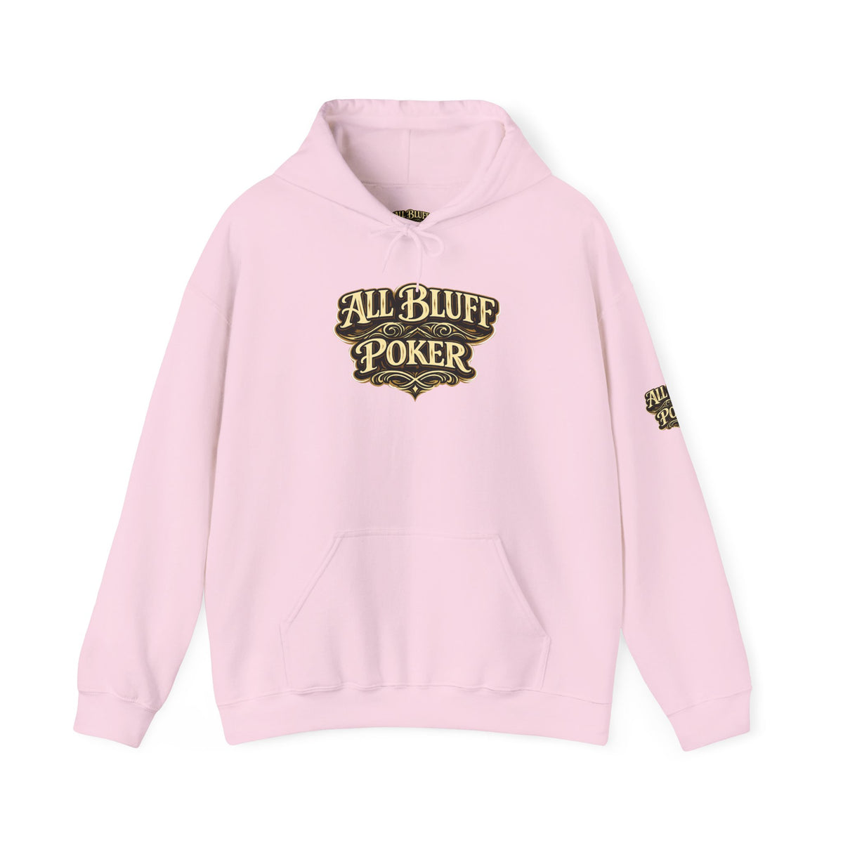 All Bluff Poker Pullover Hoodie in Light Pink – Front Flat Lay with Left Sleeve Graphic | All Bluff Poker