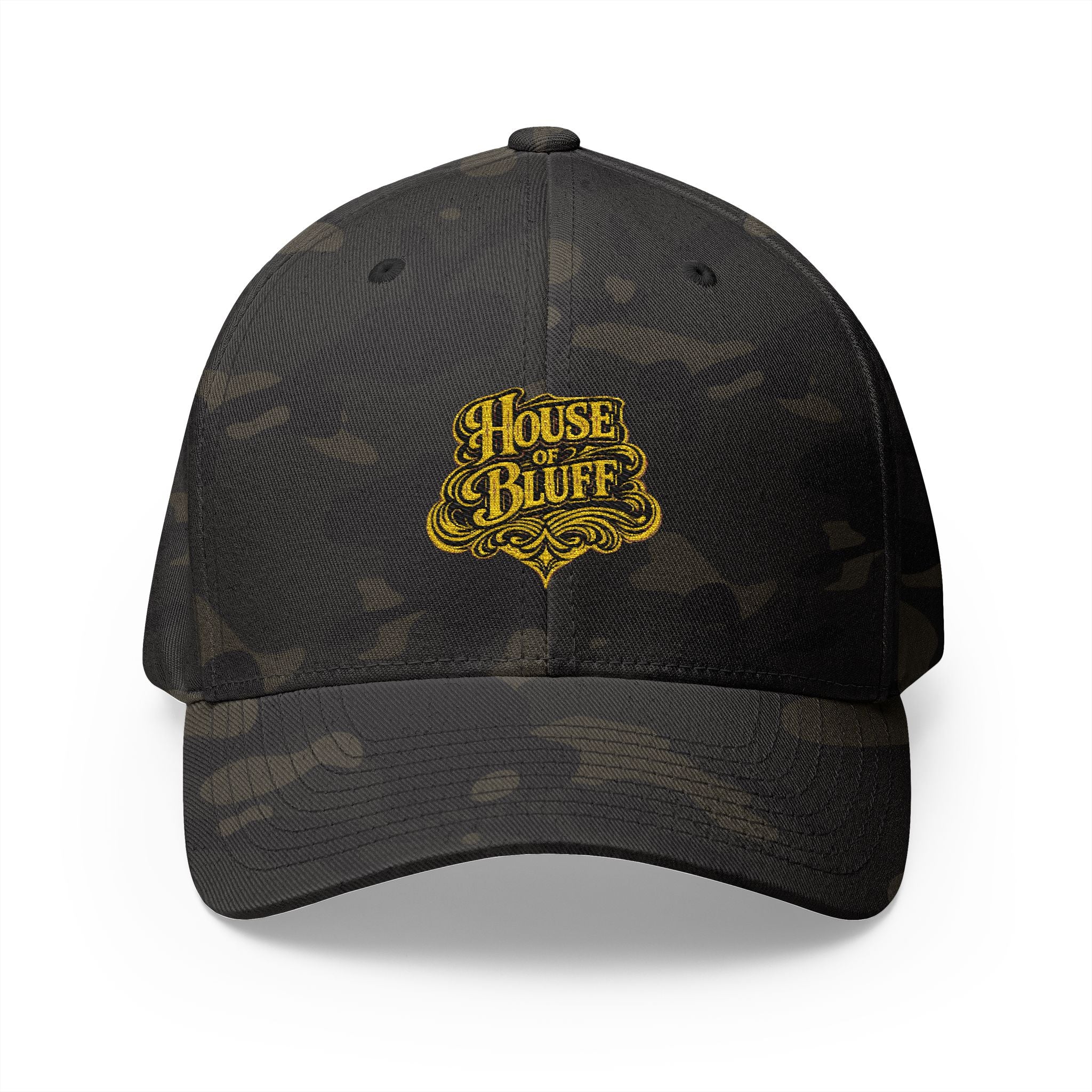 House of Bluff Fitted Cap in Multicam Black – Front View | All Bluff Poker