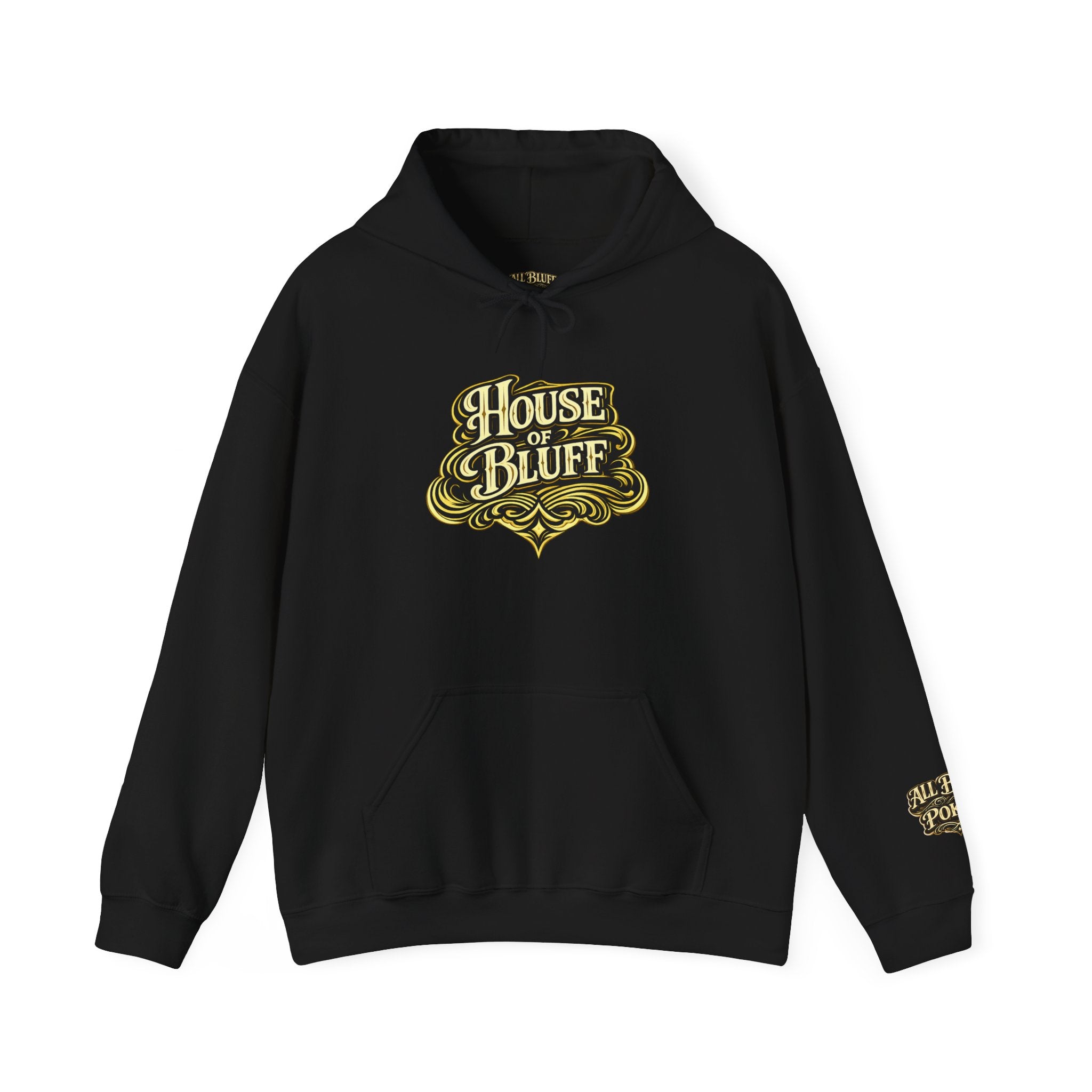 House of Bluff Pullover Hoodie in Black – Front Flat Lay | All Bluff Poker