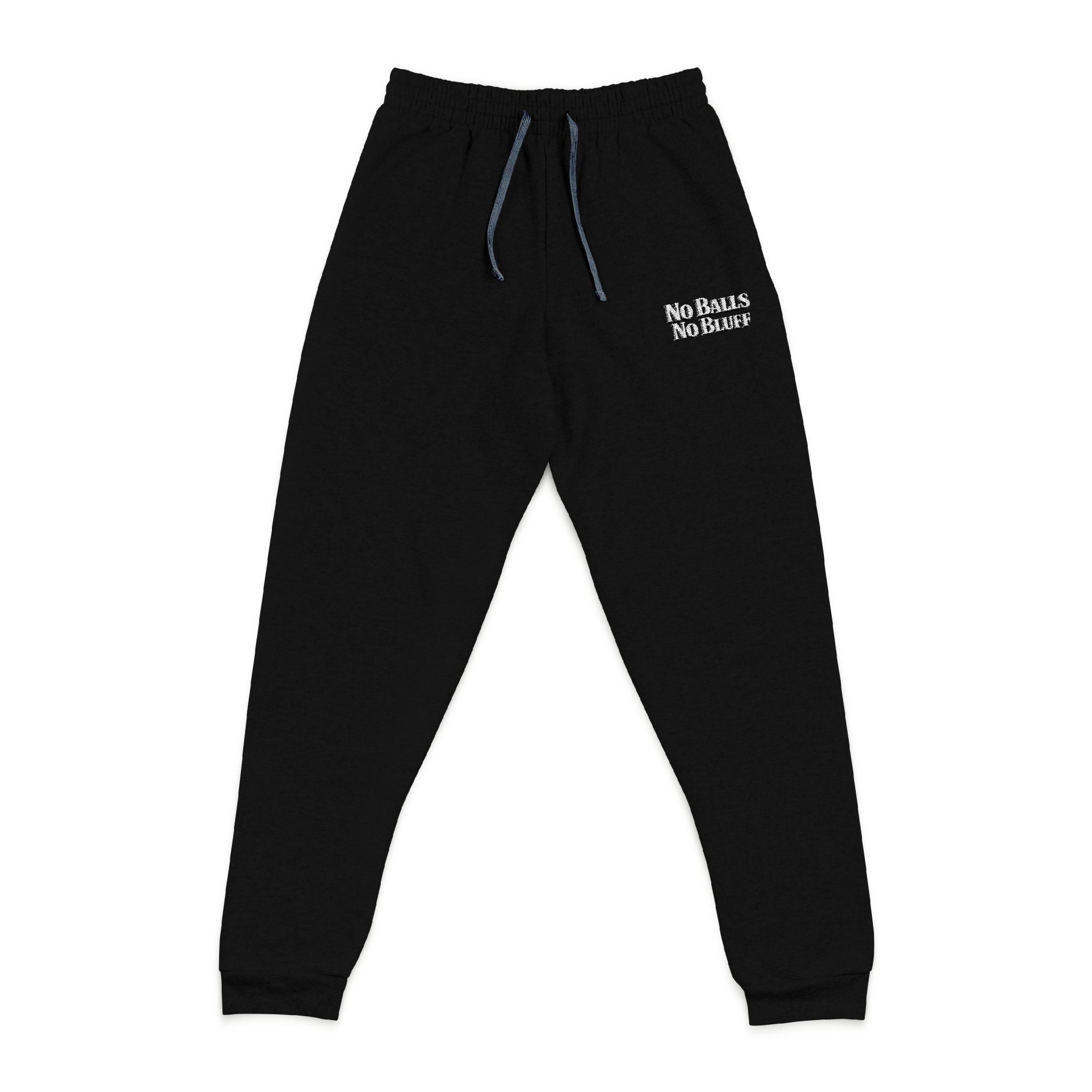 No Balls No Bluff Relaxed Sweatpants in Black – Front Flat Lay with Left Leg Embroidery | All Bluff Poker